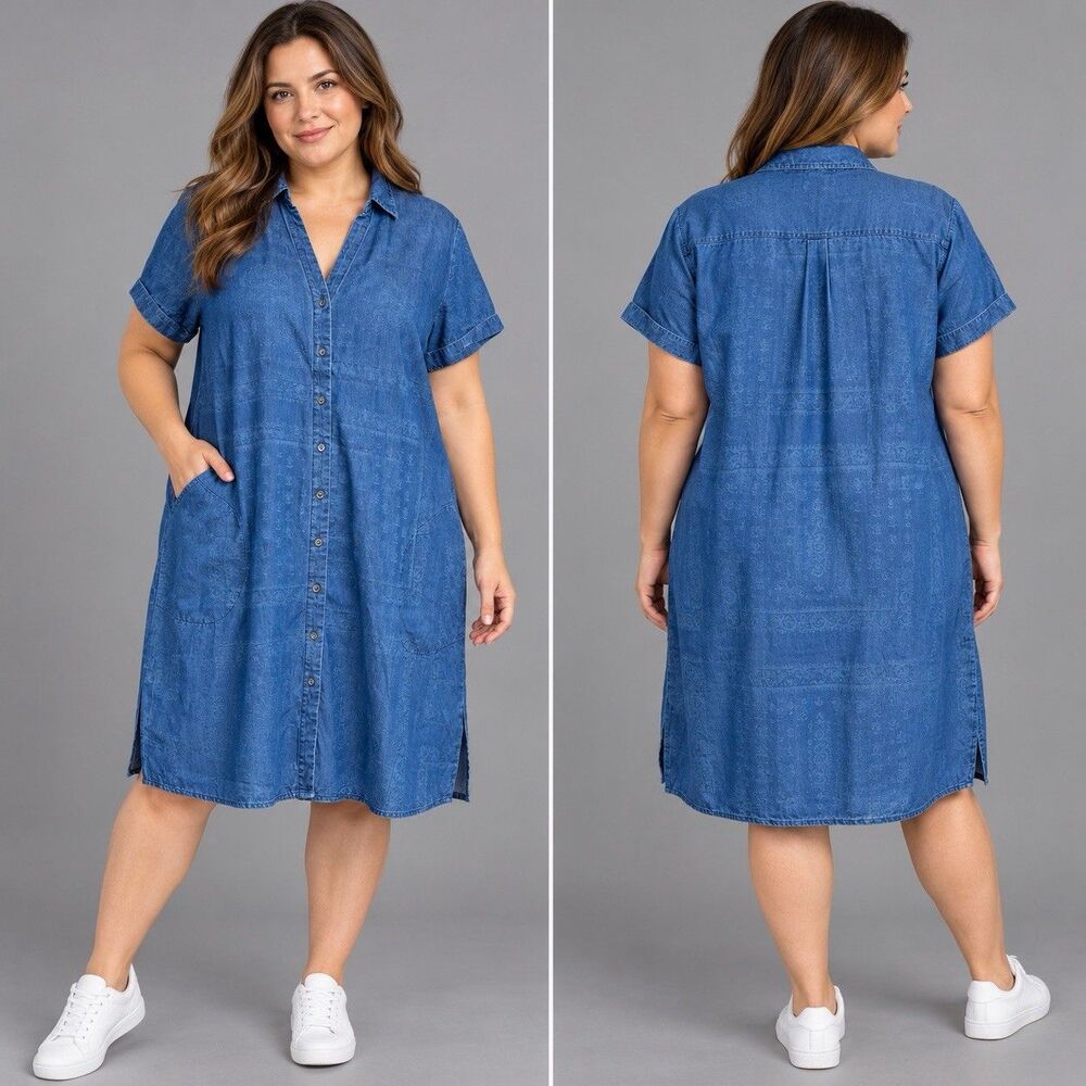 J. Jill Denim Tencel Lyocell Shirt Dress Large Blue Bandana Paisley Print Pocket